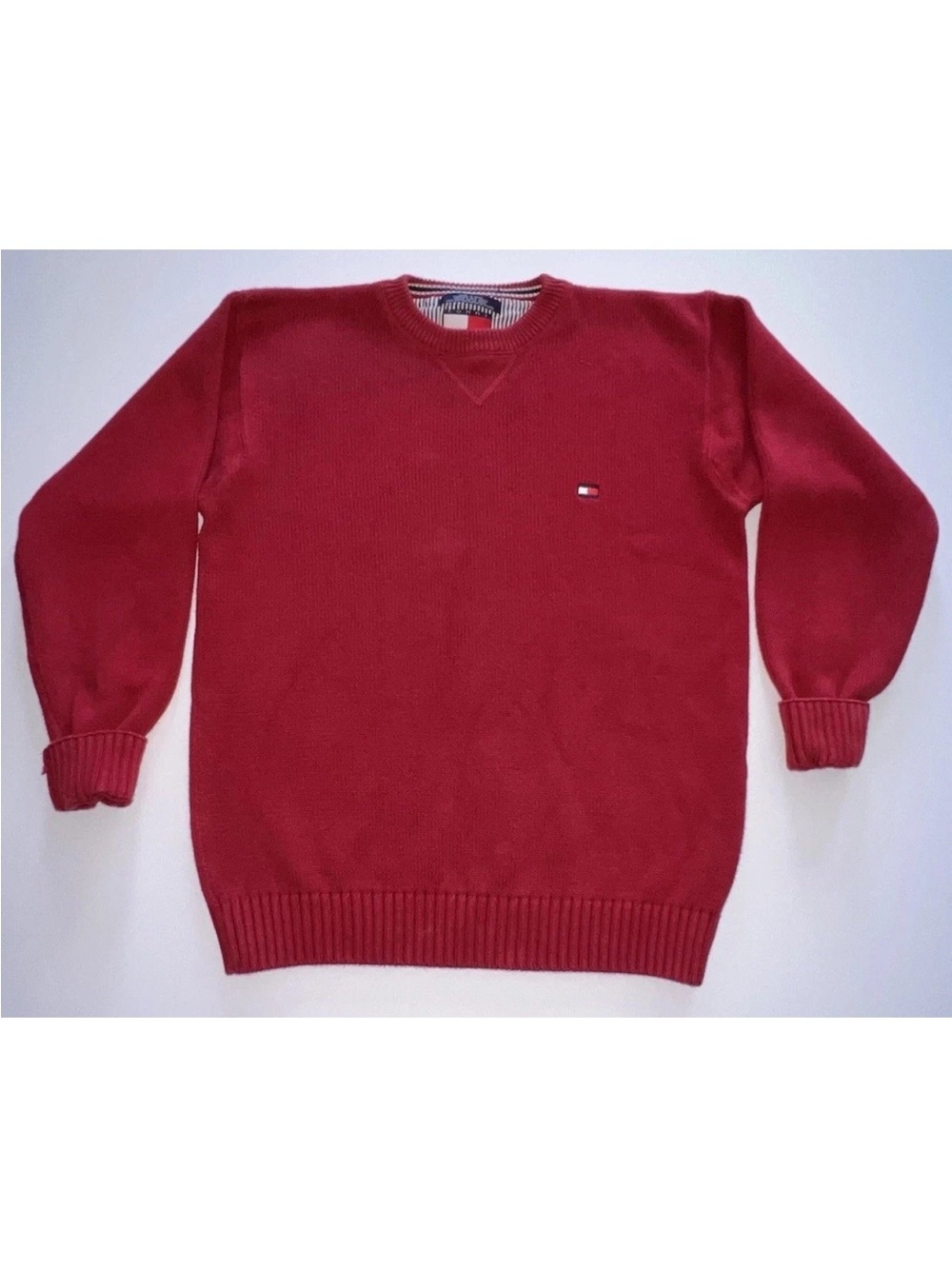 Tommy Hilfiger Men’s M Red Cotton Crewneck Sweater Flag Logo